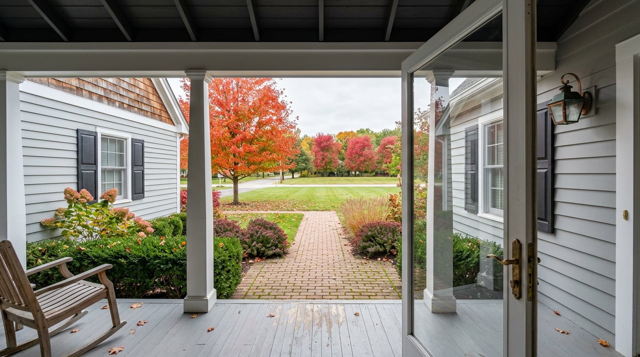 Open front doorway framing a porch, brick walkway, broad lawn, and scarlet-orange maple trees.