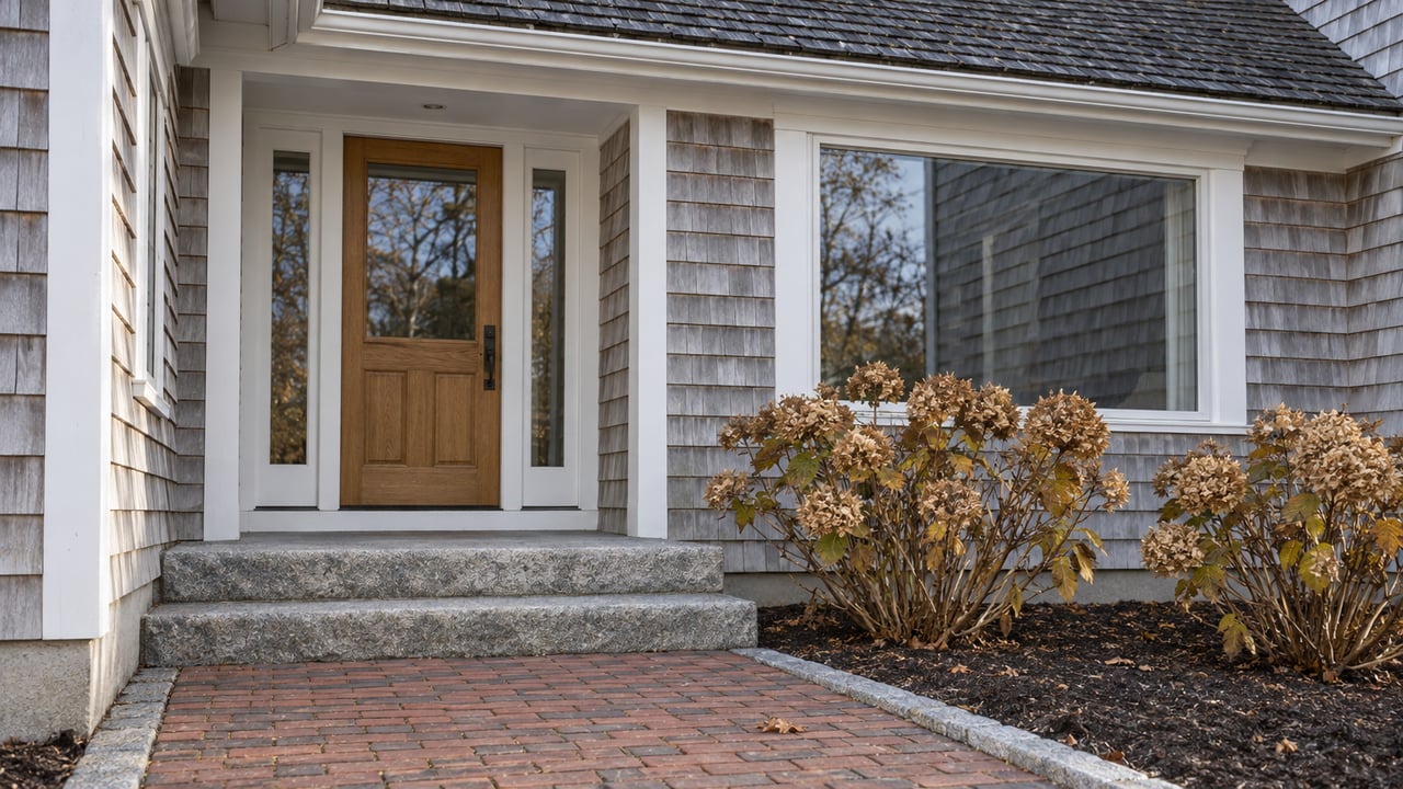 Weathered gray cedar-shingle home with a recessed oak entry, white window trim, granite steps, brick walk, and dry hydrangea flowerheads.
