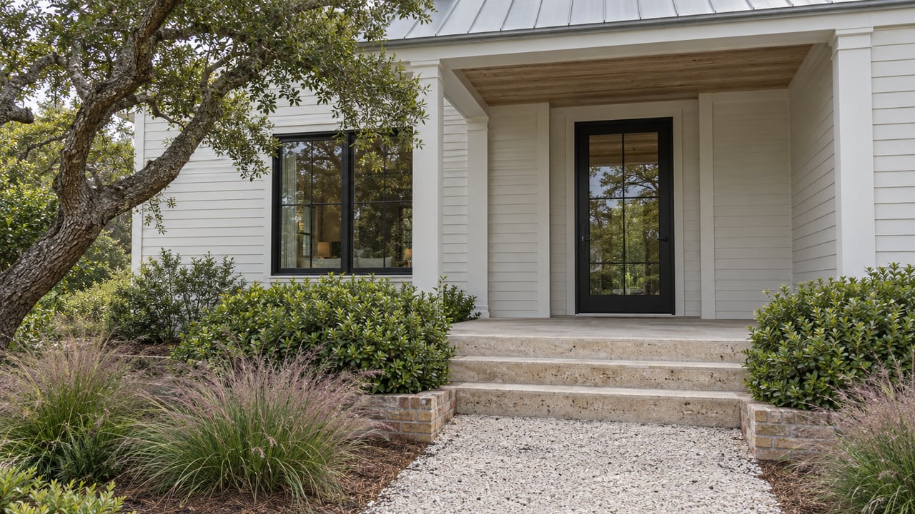 Coastal house with a recessed porch, broad masonry steps, shell-aggregate path, and sculpted evergreen plantings.