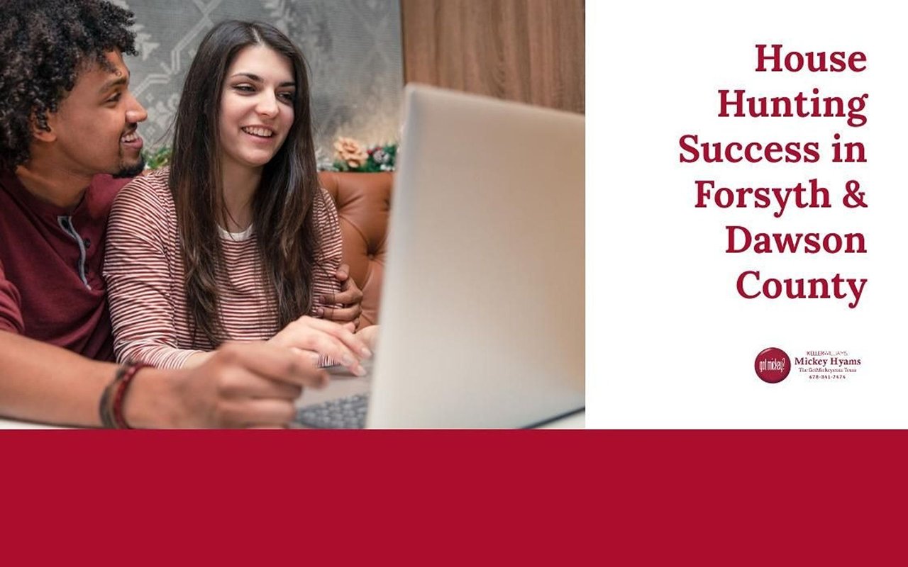 A smiling couple looks at a laptop beside the headline “House Hunting Success in Forsyth & Dawson County.”