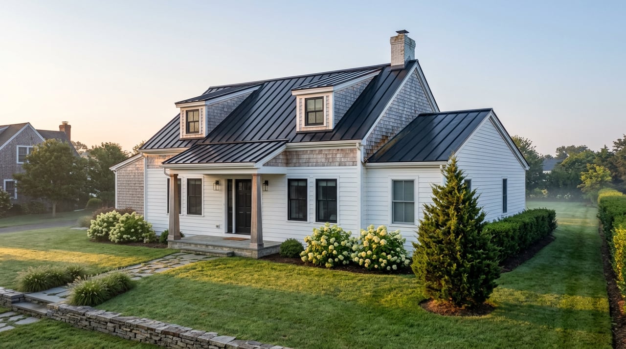Shingle-style cottage with white siding, black windows, a metal roof, and a flagstone path across the lawn.