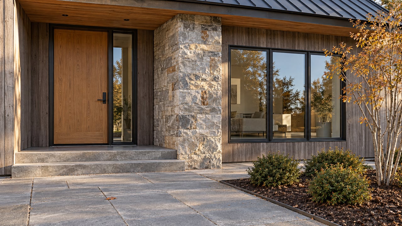 Sunlit timber and sandstone entrance with broad stone steps, dark-framed glazing and amber autumn planting.