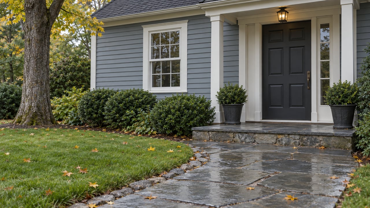Blue-gray clapboard house with a charcoal front door, bluestone stoop, and wet stone walkway through the lawn.