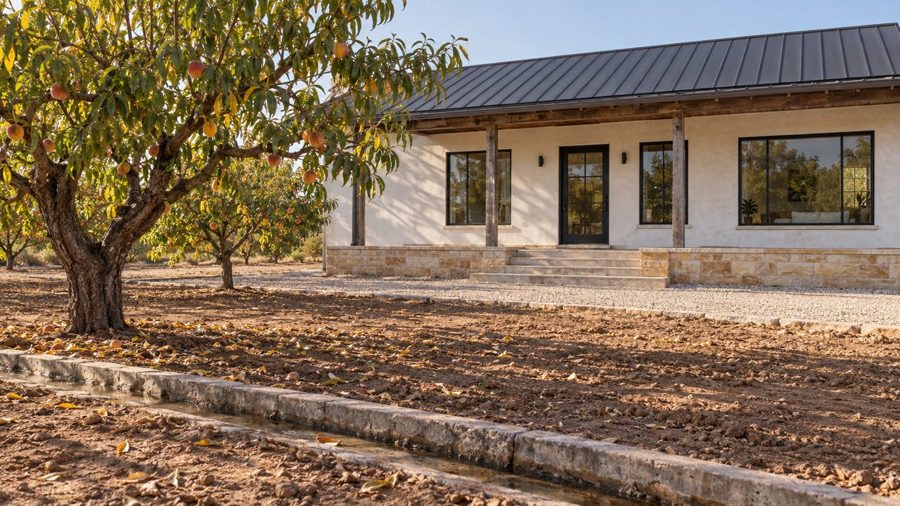Off-white stucco house beyond two peach trees, with a shallow irrigation channel crossing the orchard soil.