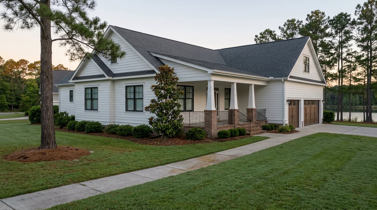 White-sided suburban home with a covered porch, broad lawn, pine tree, and still water beyond.