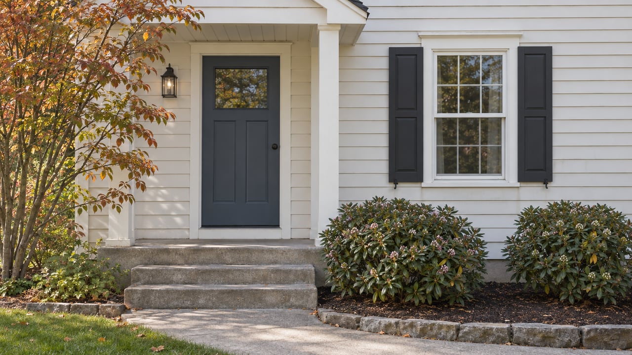 Off-white clapboard house with a slate-blue entry door, concrete steps, and autumn shrubs.