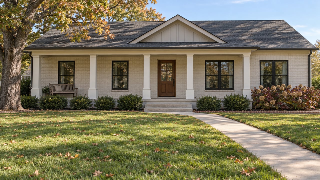 An ivory brick home with a broad front porch, deep green lawn, mature oak, and autumn hydrangeas in clear late-morning light.