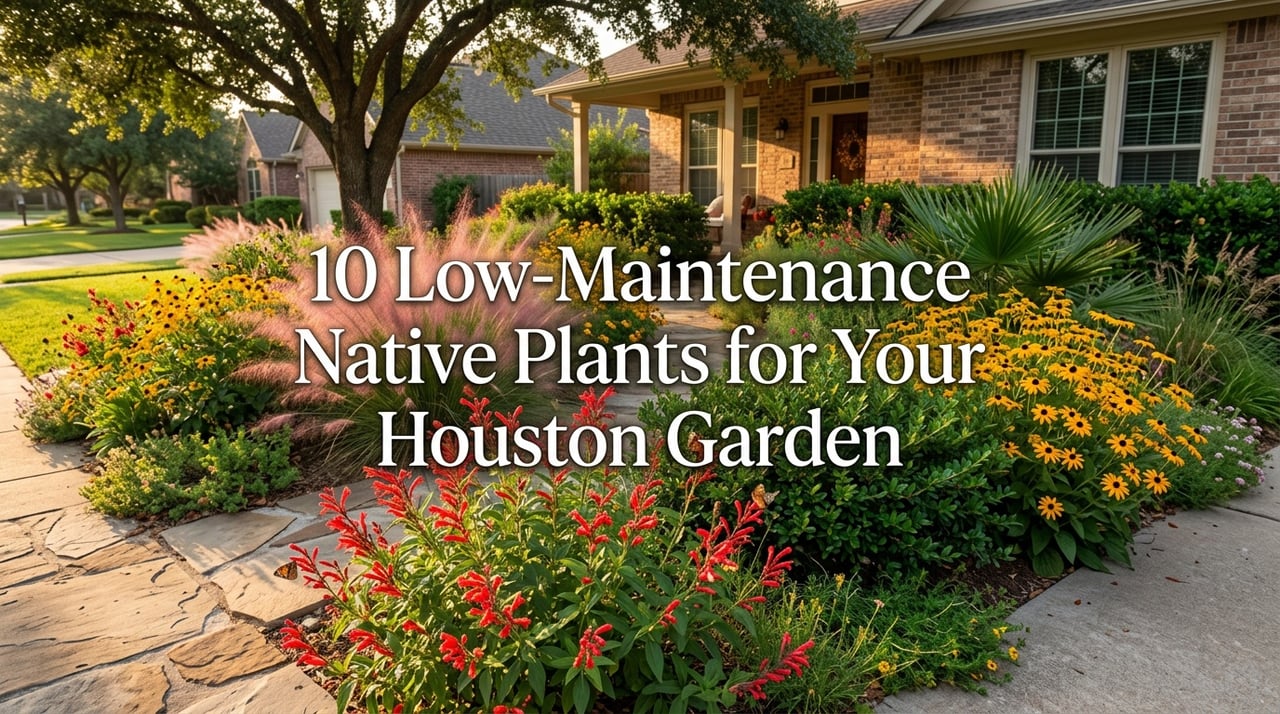 10 Low-Maintenance Native Plants for Your Houston Garden. Suburban front yard with Black-Eyed Susan, Pink Muhly Grass, and red native blooms.