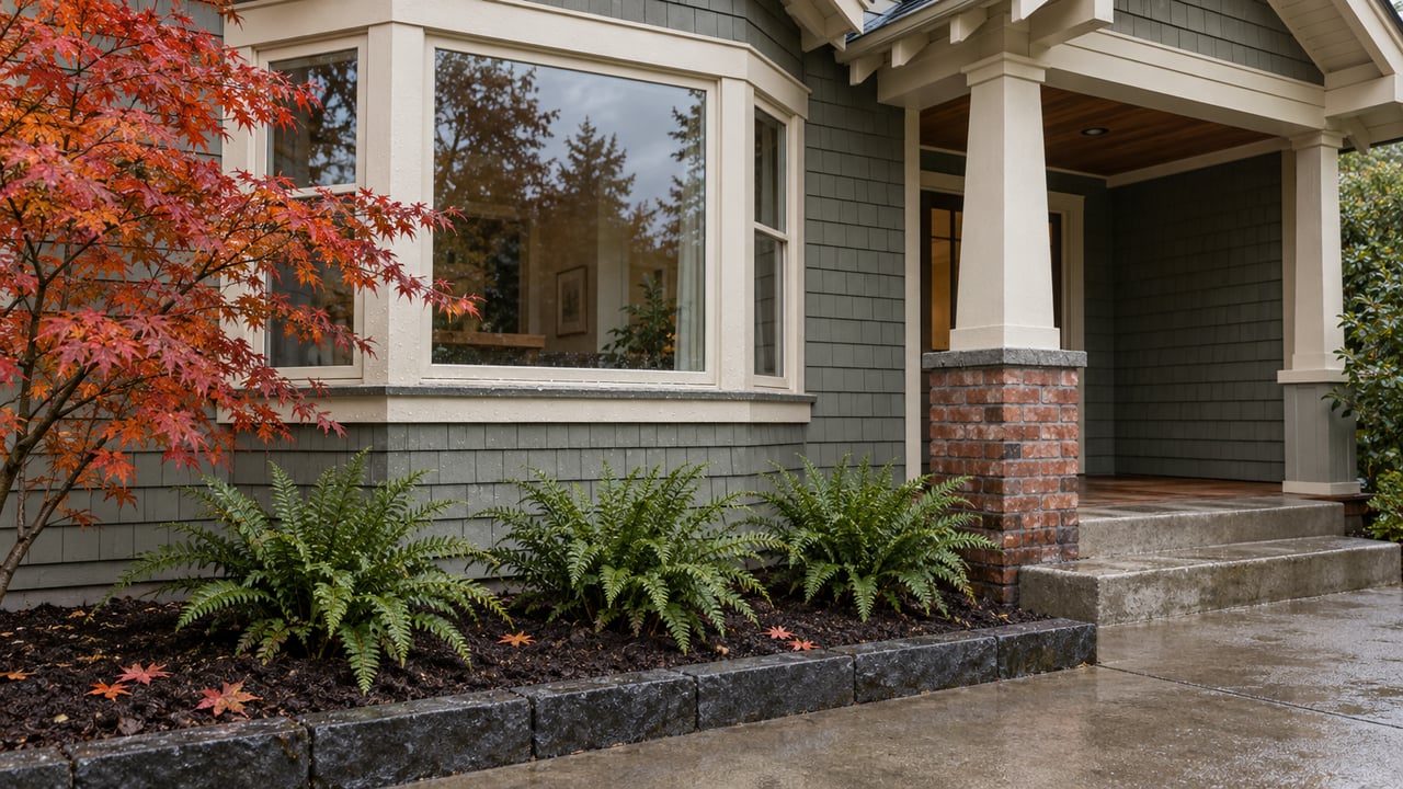Rain-damp garden approach beside a gray-green shingled home with a glazed bay window, timber porch and red-orange Japanese maple.