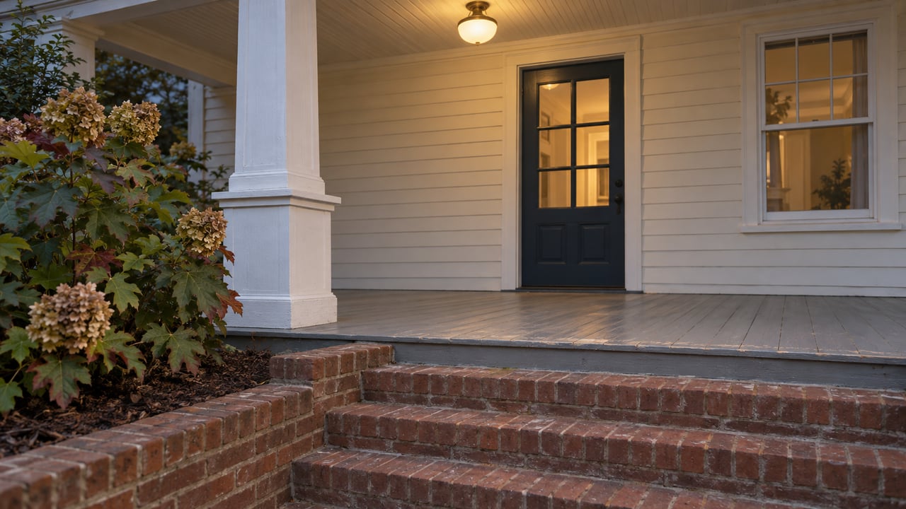 Early-evening view of a covered porch with worn brick steps, cream siding, a dark blue glazed front door and an oakleaf hydrangea.