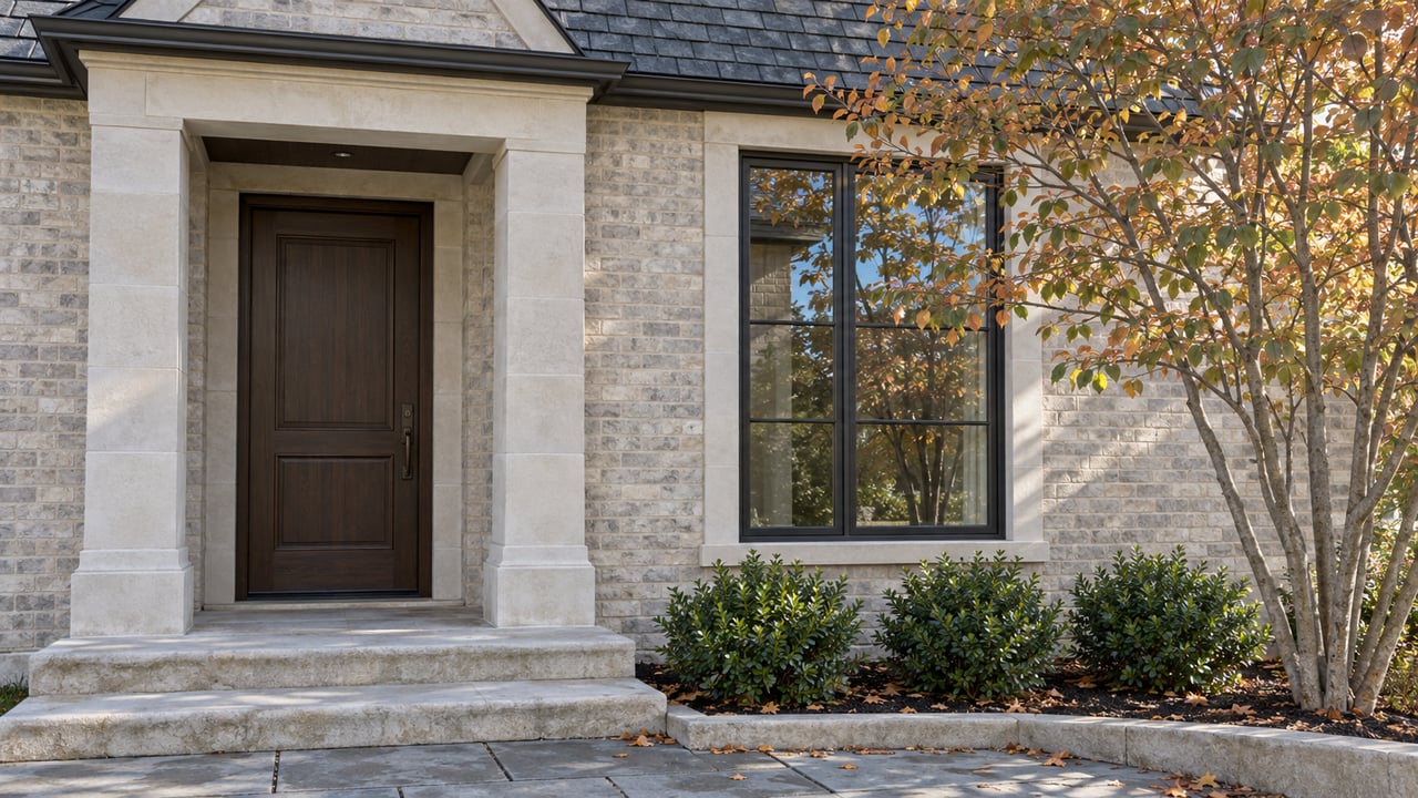 Detached house with a dark wood entry door, limestone steps, brick facade, and bronze-leaved serviceberry by a window.