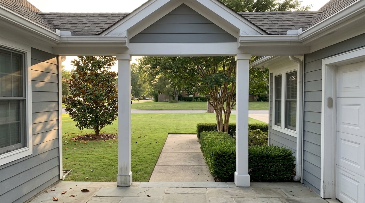 White portico columns frame a stone landing and walk across a lawn toward a magnolia tree and street.