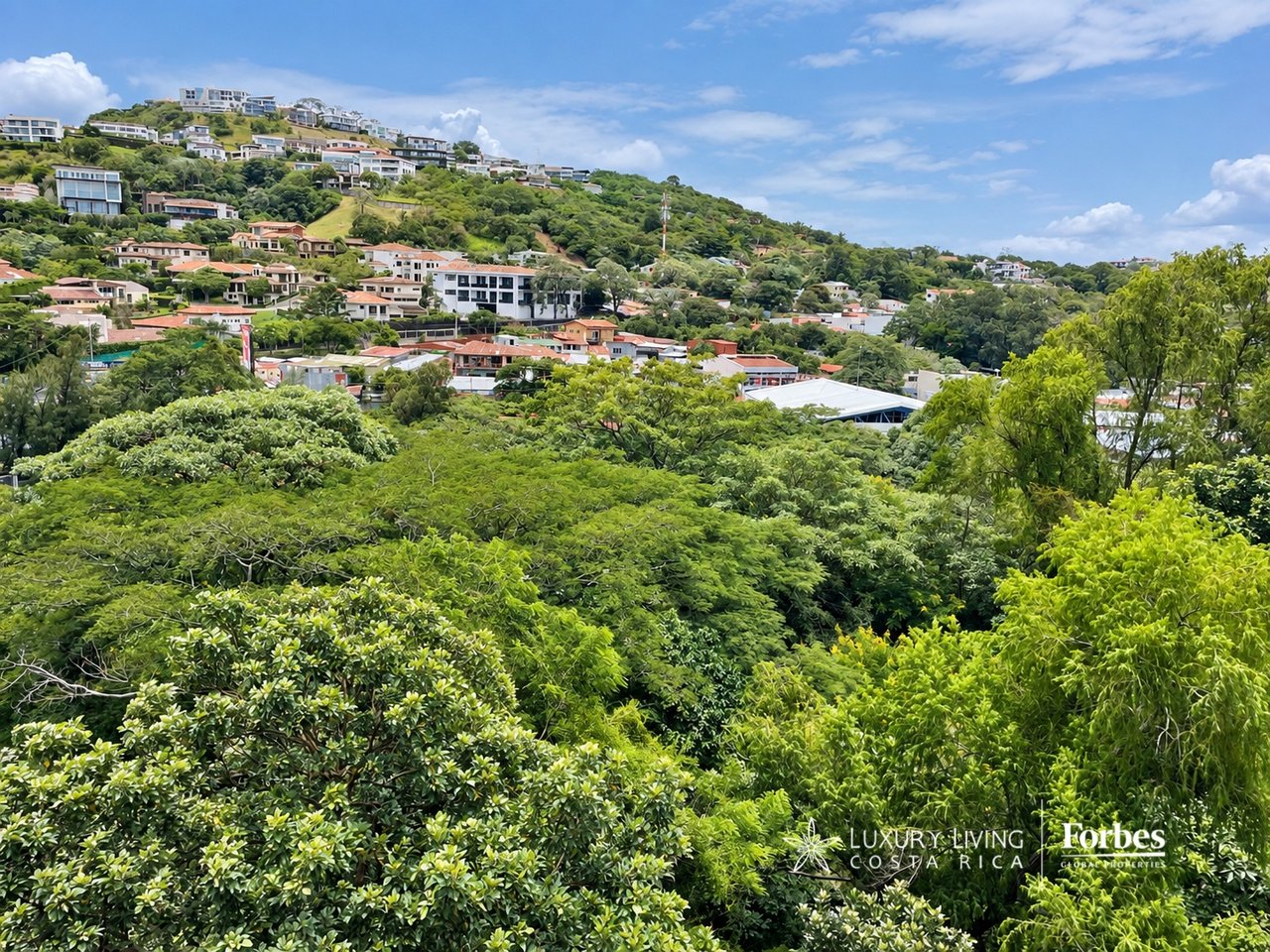 Hillside neighborhood amid dense tropical greenery, with homes scattered across the slopes.