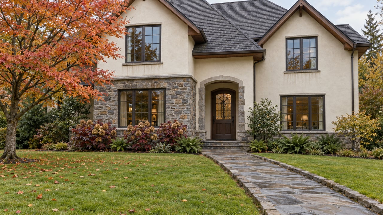 Autumn garden and sandstone walk leading to a cream stucco and stone home with tall windows and a recessed arched entry.