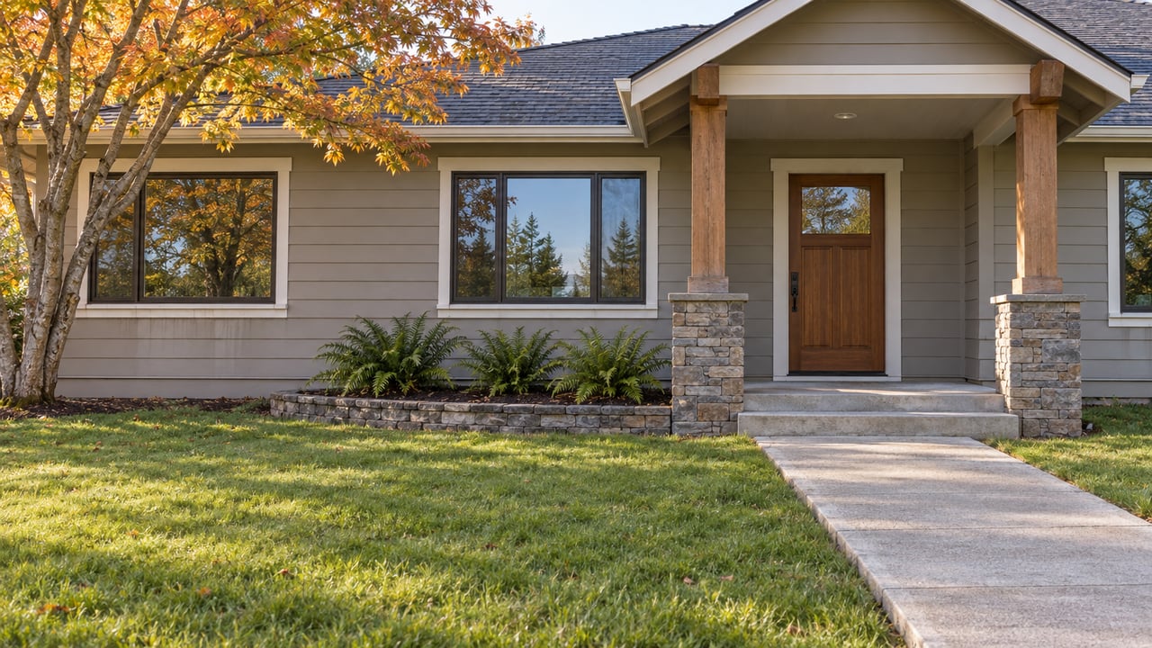Autumn sunlight on a gray cedar-sided home with a covered porch, broad lawn, concrete approach and yellow-orange vine maple.