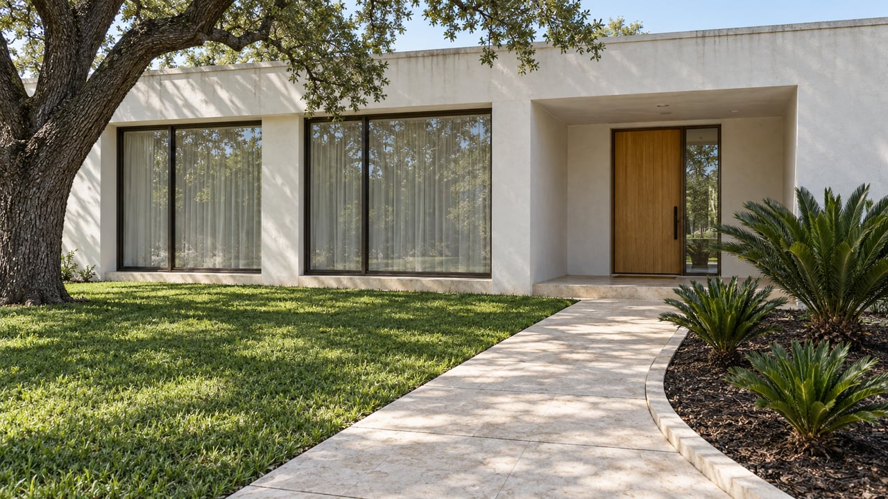 White stucco home with bronze-framed windows and a recessed wood entry beyond a limestone garden walk and mature live oak.