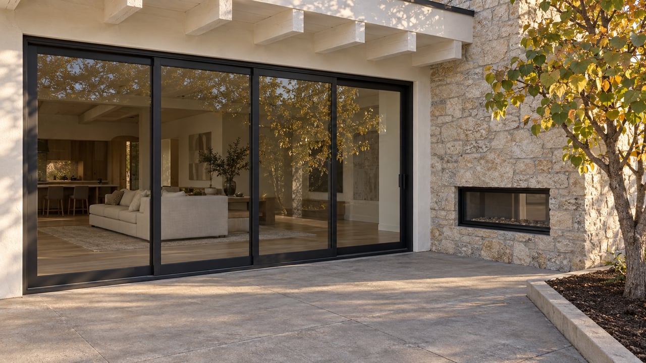 Late-afternoon light on a home's black-framed glass doors, limestone chimney and concrete terrace beside a redbud tree.