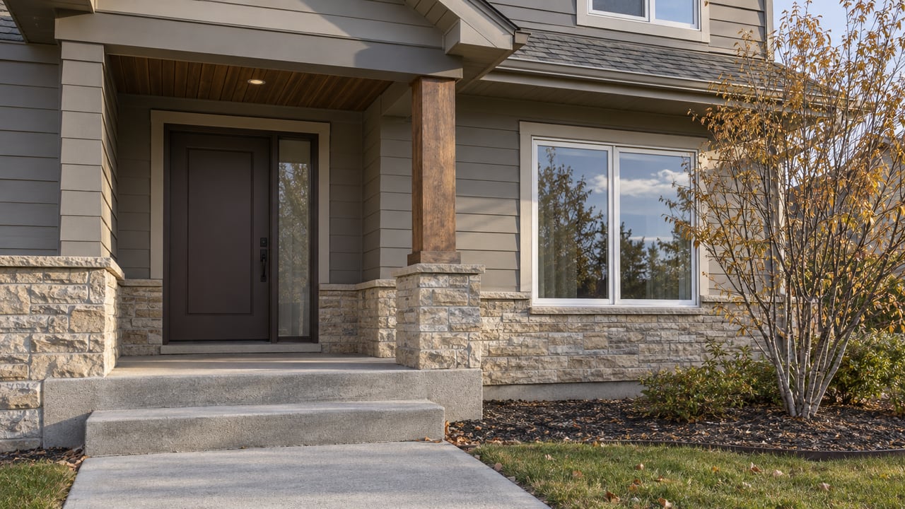 Autumn sunlight on a detached home's stone-and-cedar entry, concrete steps and yellow-leaved serviceberry.