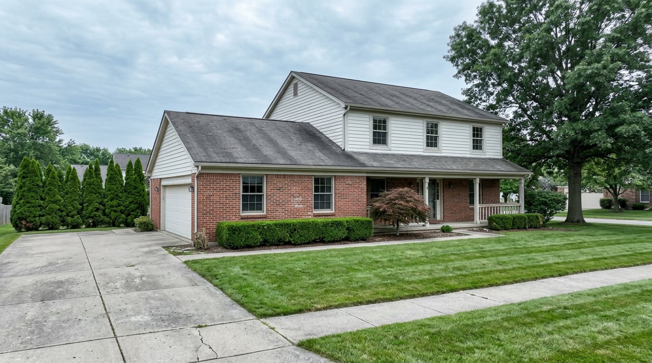 Two-story colonial home with red-brick lower walls, white siding, covered porch, attached garage, and manicured lawn.
