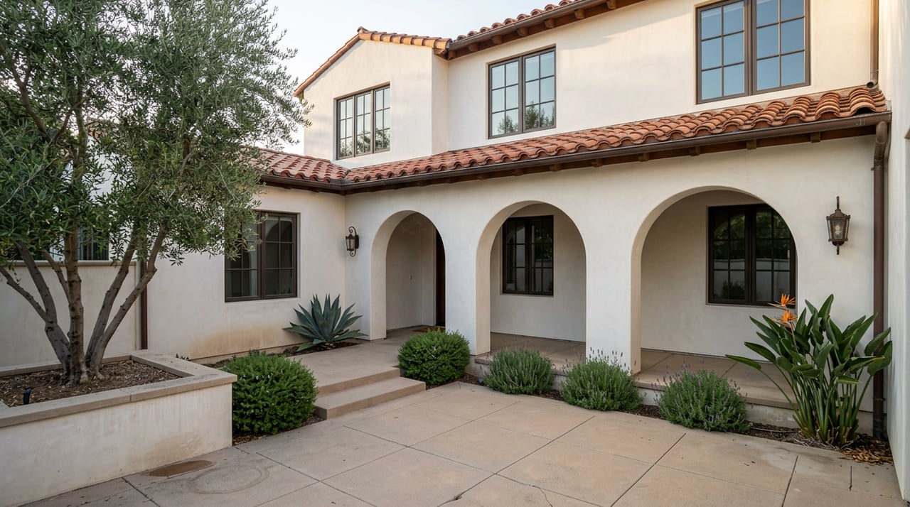 Two-story stucco courtyard facade with an arched loggia, terracotta roof tiles, and an olive tree.