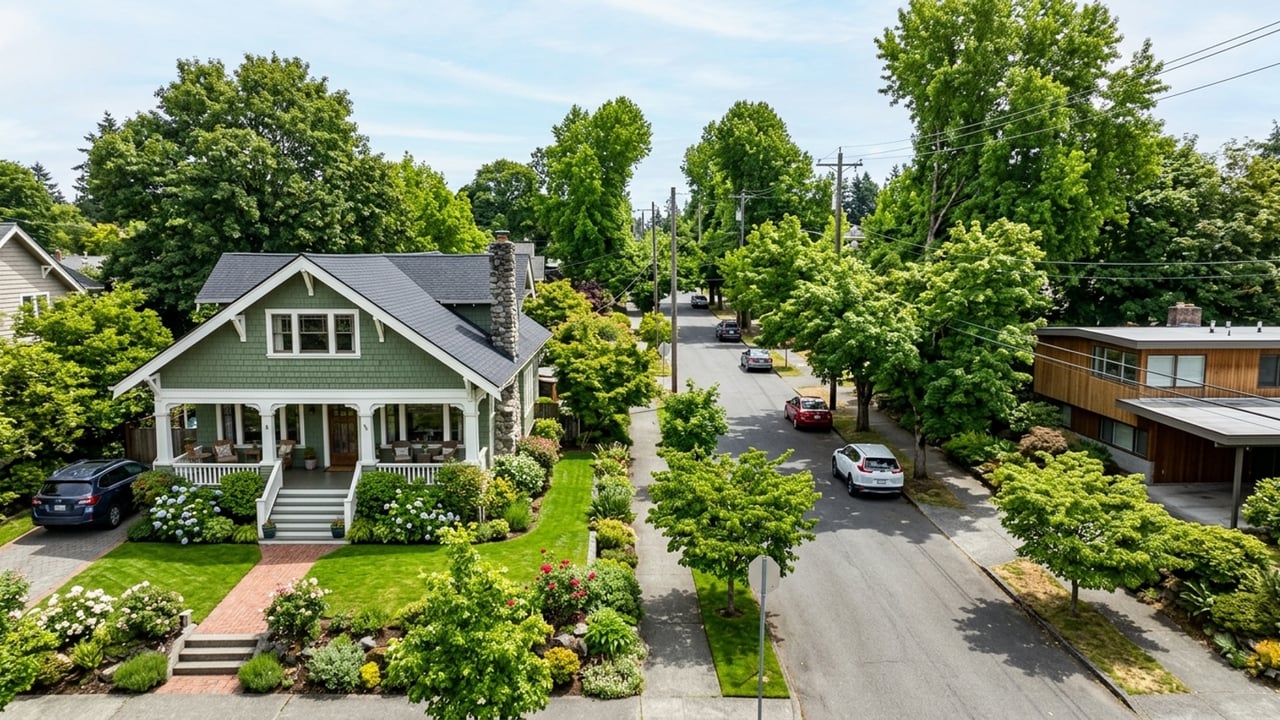 Green craftsman-style home with a covered porch and lush garden beside a tree-lined residential street.