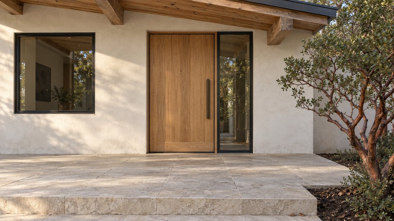Sunlit timber porch above an oak entry door and black-framed glazing, with limestone paving and a sculptural manzanita beside the landing.