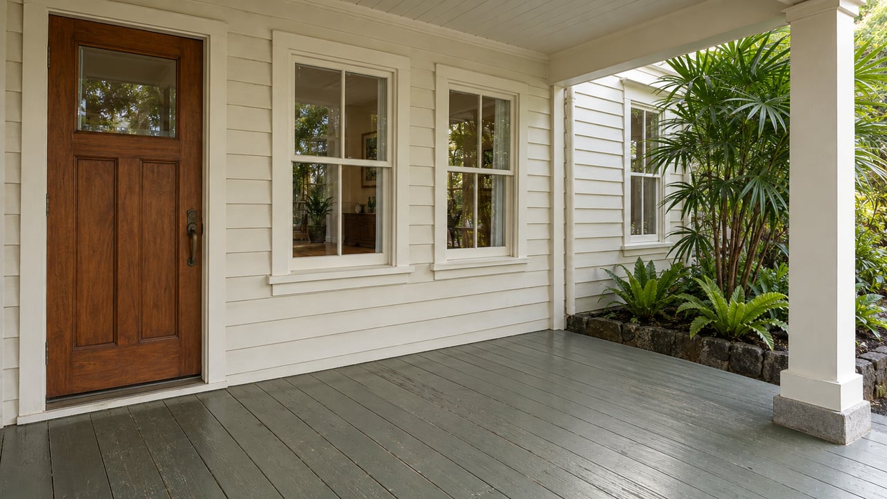 Covered timber porch with ivory siding, a brown entry door, closed sash windows and tropical planting beside a raised foundation.