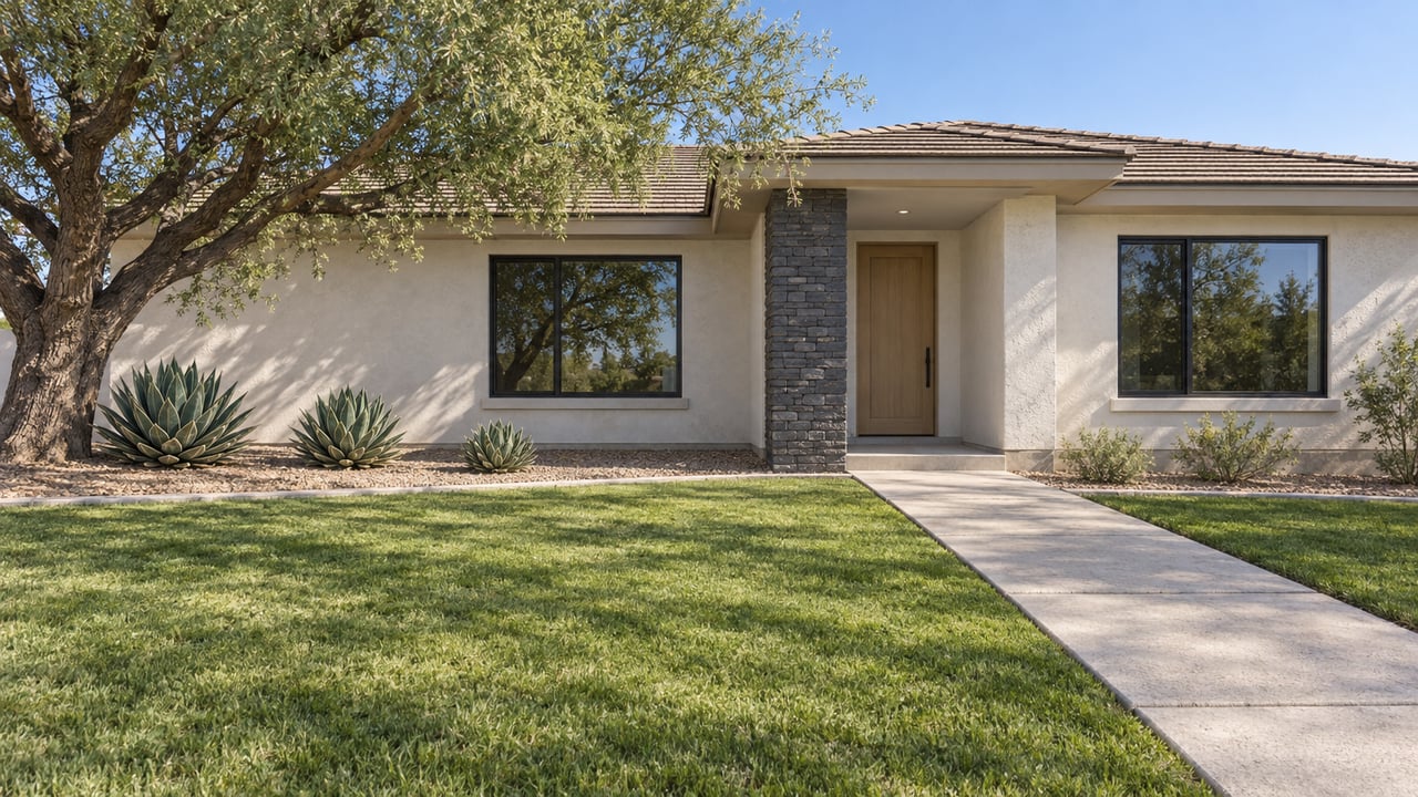 Warm-white stucco home with black-framed windows, a deep green lawn, concrete approach, and a mature desert ironwood tree.