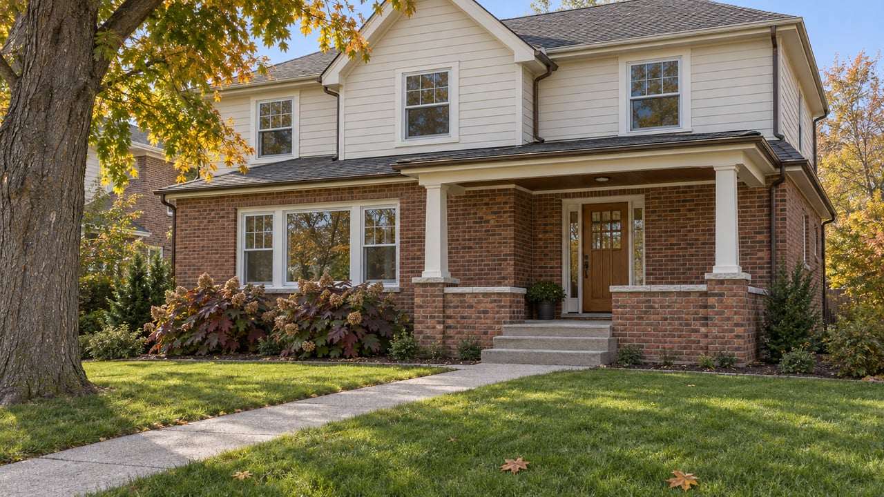 Two-story brick and ivory-clapboard home beyond a deep front lawn, with a covered porch and an amber-leaved maple.