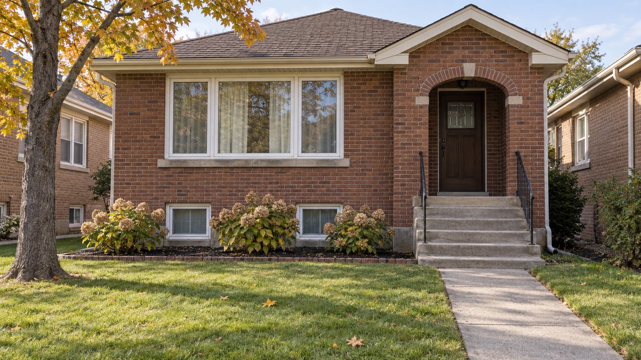 Red-brown brick bungalow with limestone window sills, a worn concrete front walk, and amber maple foliage in soft morning light.