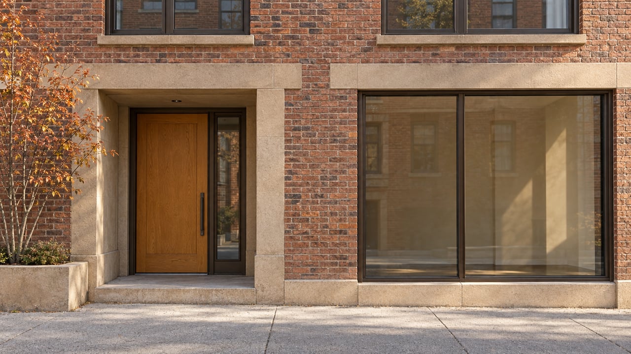 Russet-brick residence with bronze-framed windows, a recessed oak entry, and a glazed storefront bay.