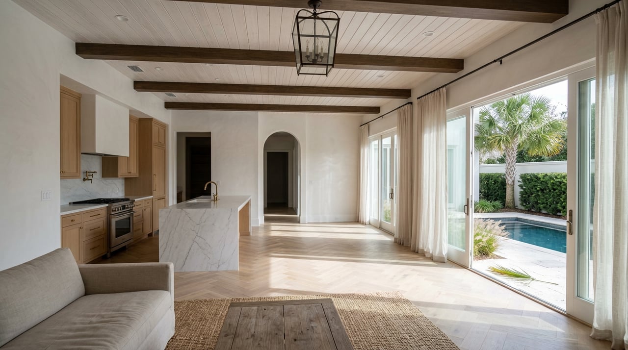 Open-plan great room with marble island and glass doors overlooking a courtyard pool and palm.