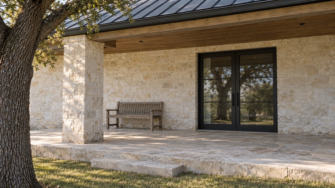 Limestone porch with paired black-framed glass doors, a weathered oak bench, and a mature live oak beside a gently raised stone terrace.