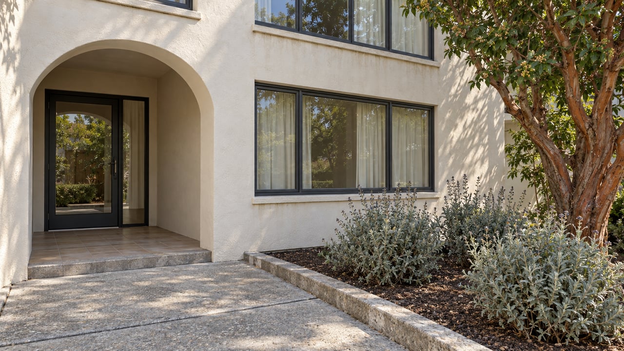 Cream stucco condominium facade with a recessed arched glass entrance, stacked charcoal-framed windows, and a planted concrete approach.