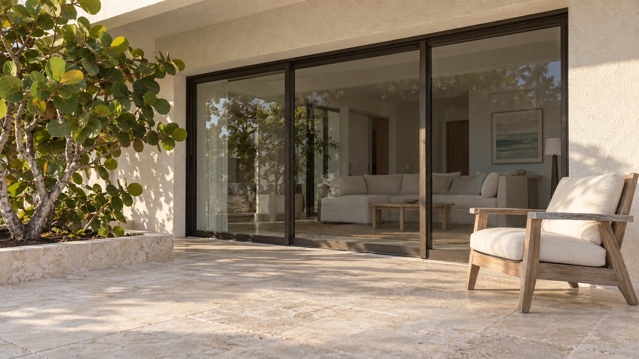 Stone patio with a cushioned wooden chair, leafy tree, and sliding glass doors to a furnished living room.