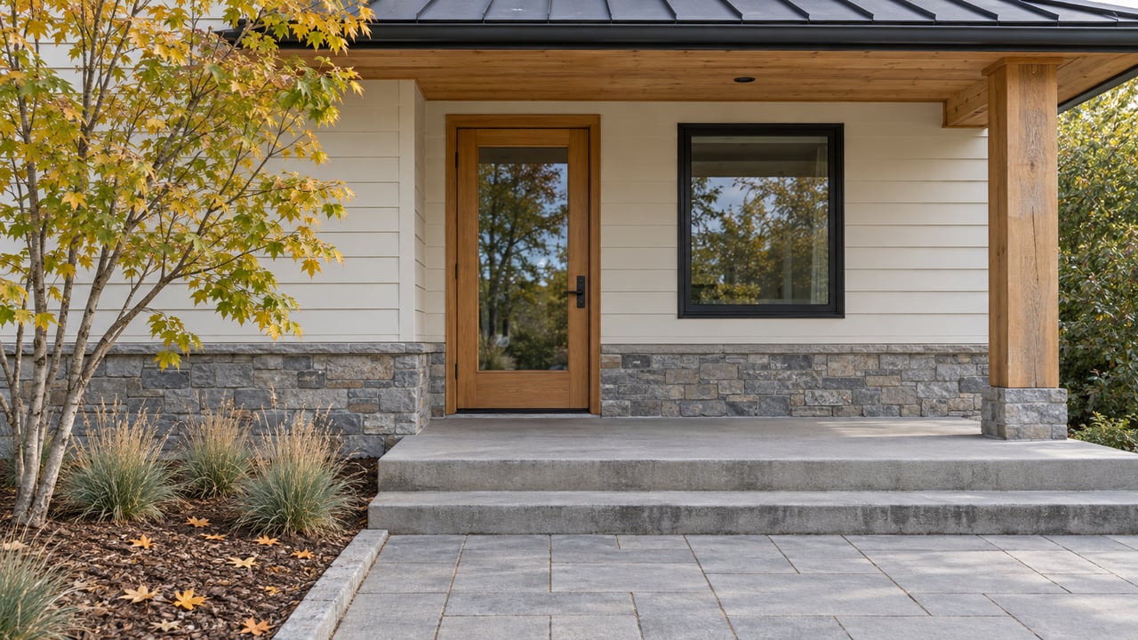 Warm-white home with a glazed wood entry door, black-framed window, covered concrete porch and a yellowing maple beside the approach.