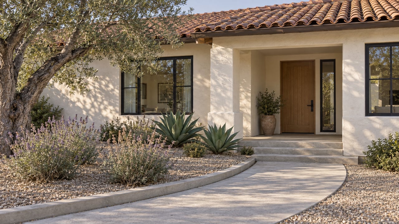 Ivory stucco home with clay tile roof, oak entry door, black-framed windows and a curved concrete walk beside a mature olive tree.