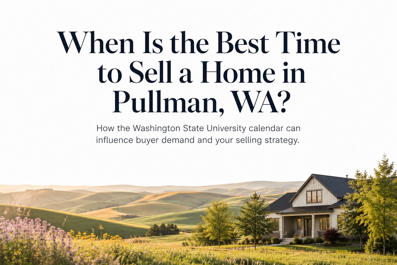 Clean editorial-style graphic illustrating the best time to sell a home in Pullman, Washington with subtle seasonal and Palouse-inspired design elements.