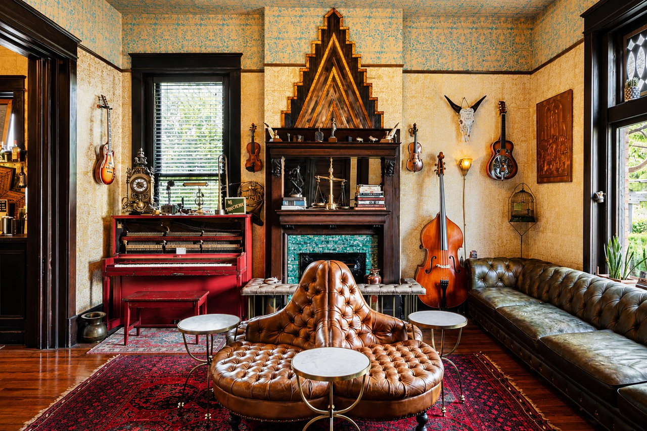 Urban Cowboy Hotel parlor bar in East Nashville featuring vintage architecture, leather seating, live music decor, and historic charm