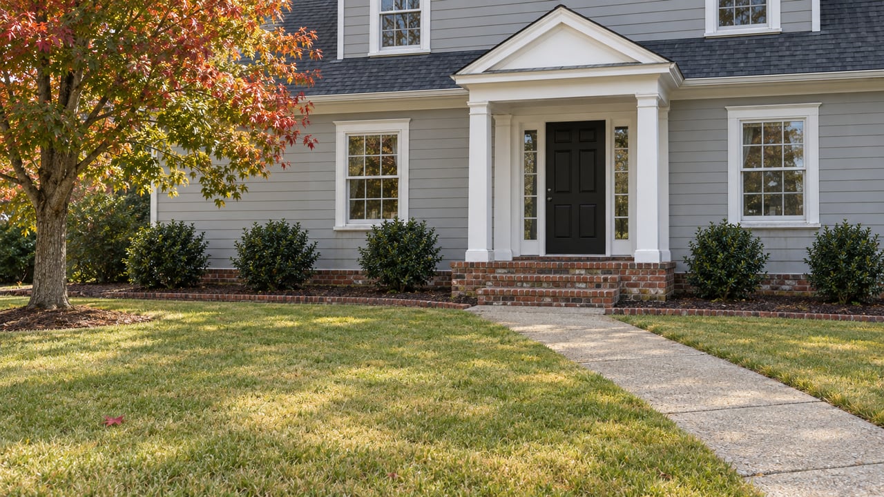 Gray clapboard home with a white pedimented porch, brick steps and a broad autumn lawn.
