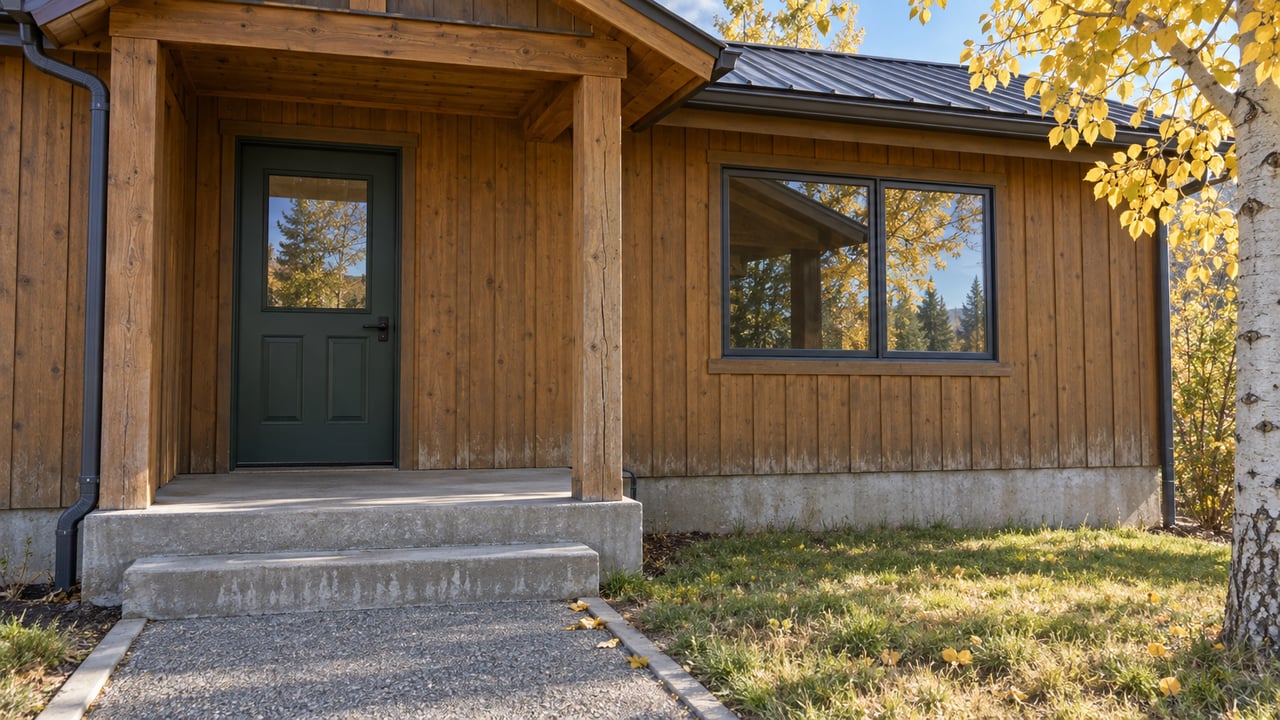 Timber-sided home with a green entry door, concrete porch steps and yellow aspen leaves in autumn light.
