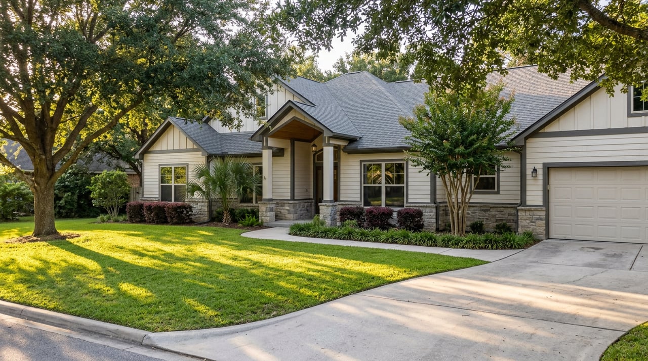 Off-white suburban home with a covered entry, stone base, and garage, framed by oak canopy and a broad lawn.
