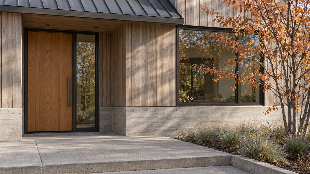 Cedar-clad home entry with an oak door, dark-framed window, and copper-orange serviceberry leaves.