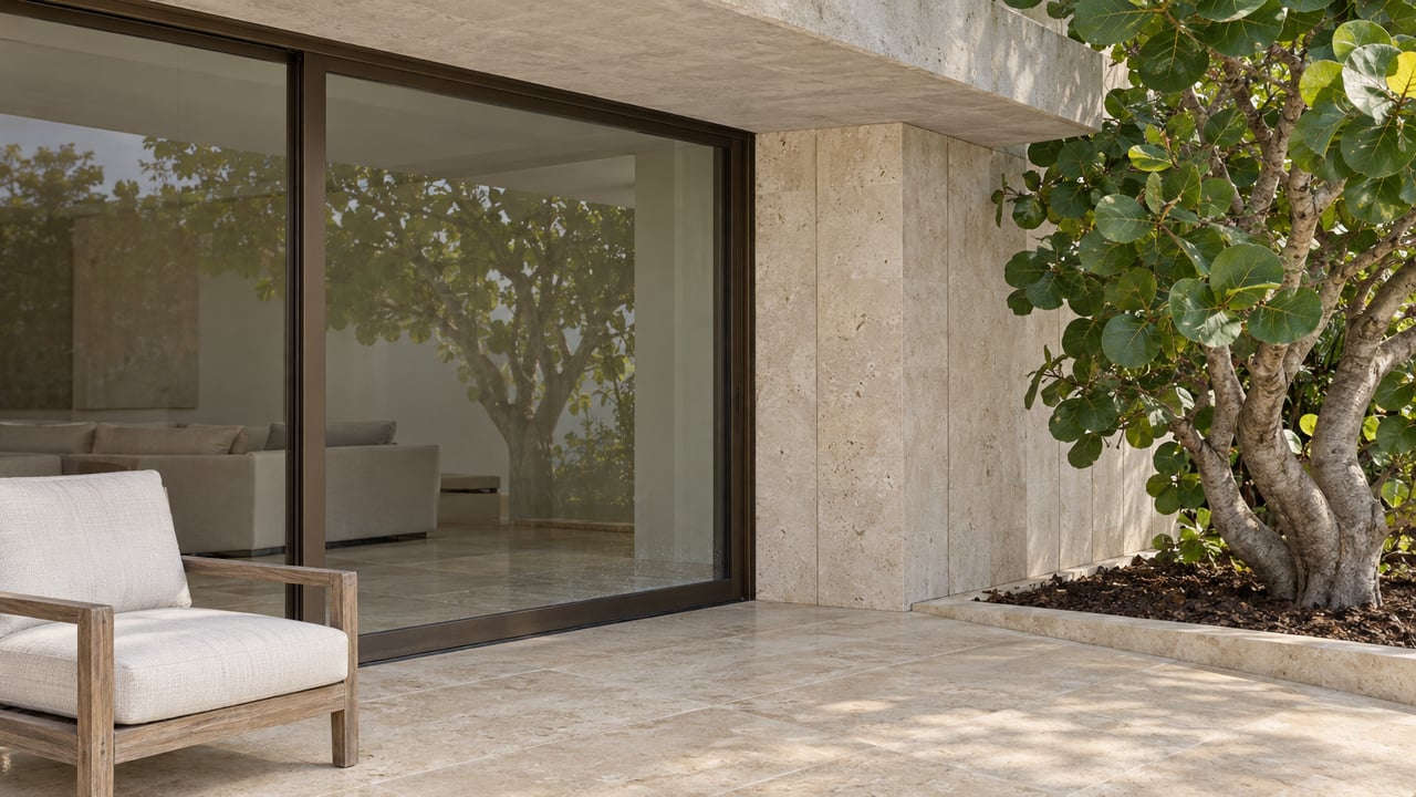 Covered limestone terrace with bronze-framed glass doors, a teak lounge chair and a sculptural sea grape tree.