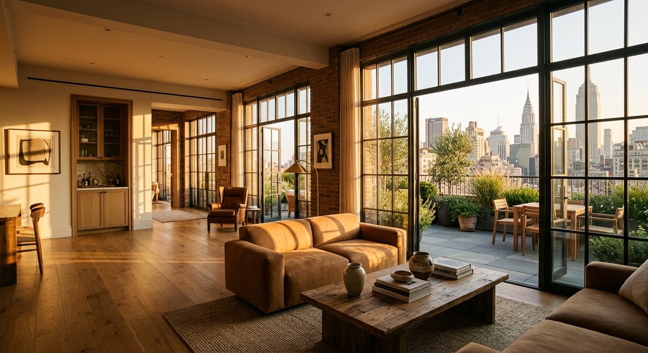 Furnished living room with floor-to-ceiling windows overlooking a planted terrace and Manhattan skyline.