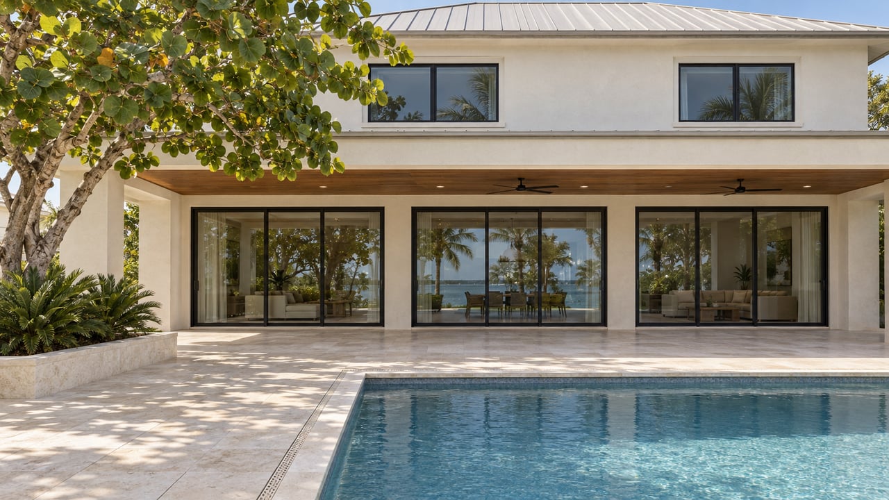 Coastal home with cream stucco facade, black-framed glass doors, sea grape tree, and a corner of the pool.