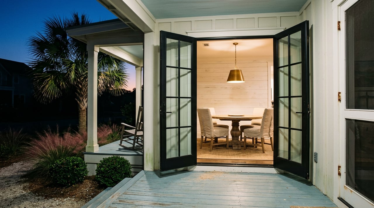 Open French doors reveal a warmly lit dining nook beside a blue-hour porch and Sabal palm.