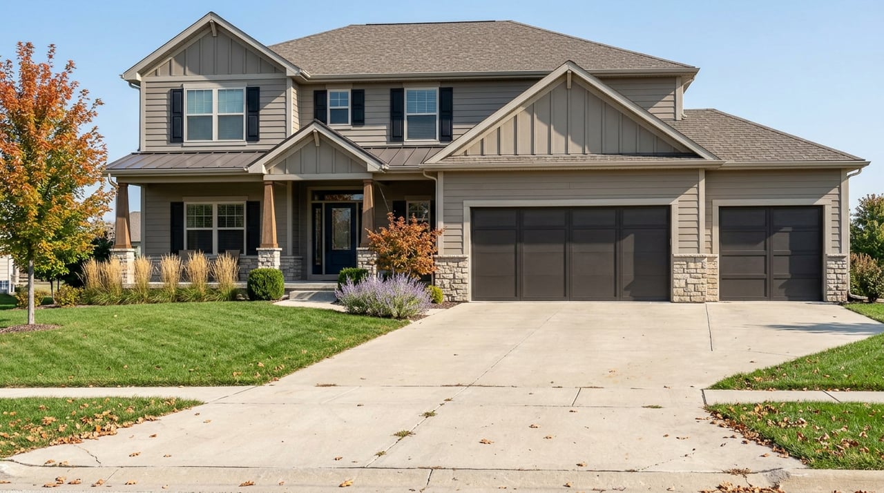 Two-story greige home with stone veneer, navy entry door, three-car garage, broad driveway, and early-fall landscaping.