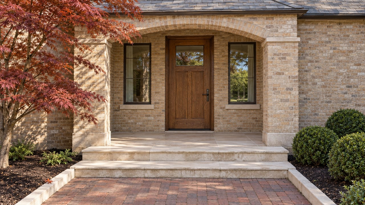 Autumn light on a buff-brick home's arched oak entry, limestone steps, and a copper-red Japanese maple.