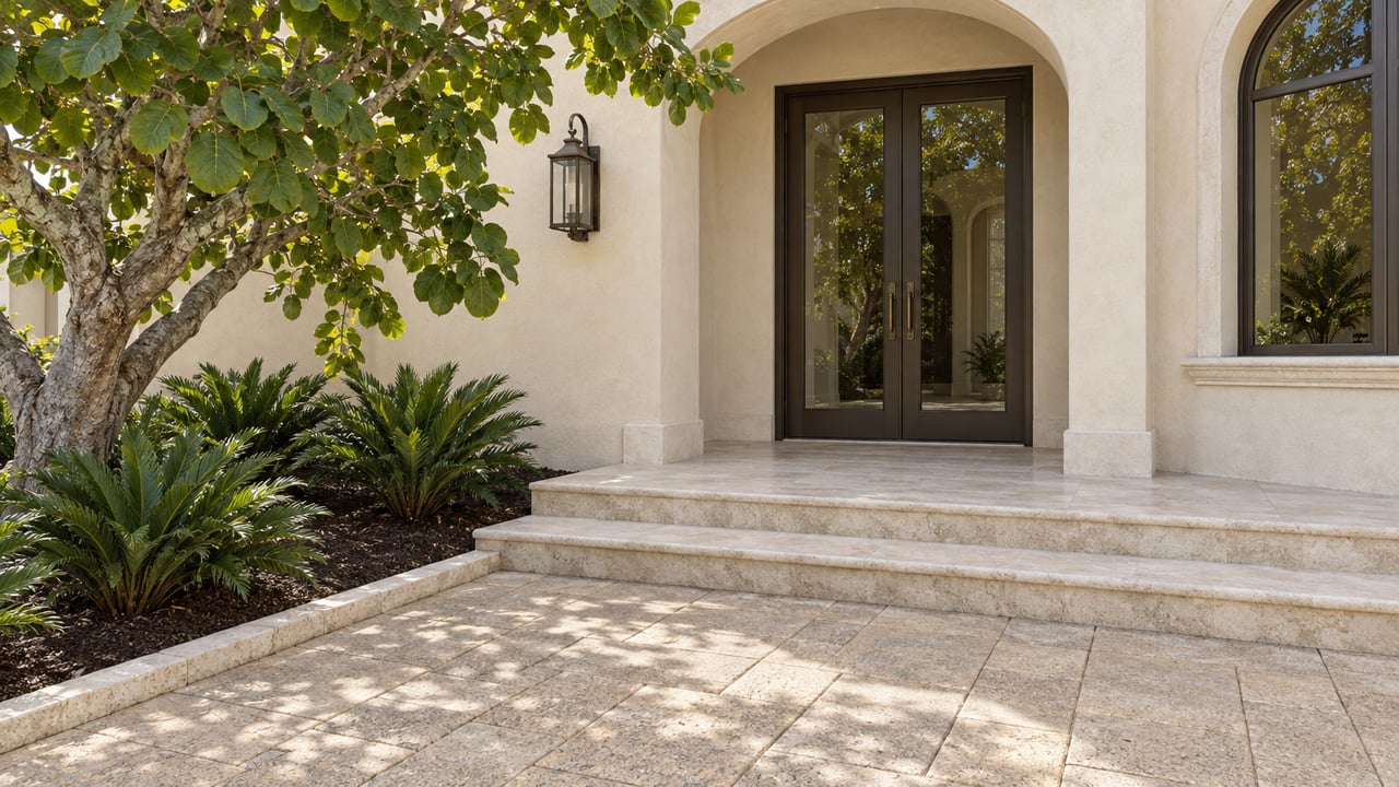 Ivory stucco arched entrance with bronze-framed glass doors, pale limestone steps, and sculptural sea grape planting.